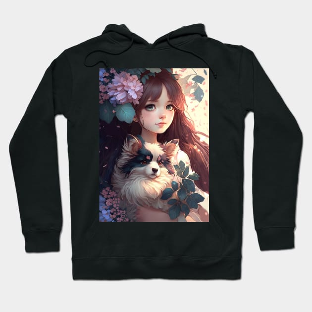 Cute Floral Anime girl With Her Dog Hoodie by GothicDesigns